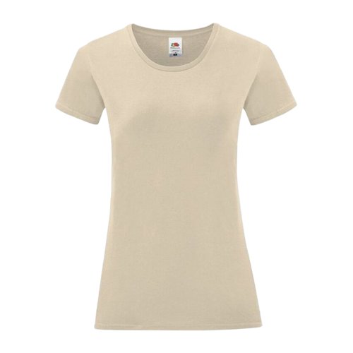 Beige bomulls-T-shirt fr kvinnor med rund hals och korta rmar.