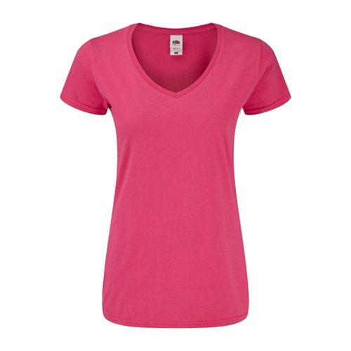 Fuchsiafrgad bomulls-T-shirt med V-ringning fr dam.