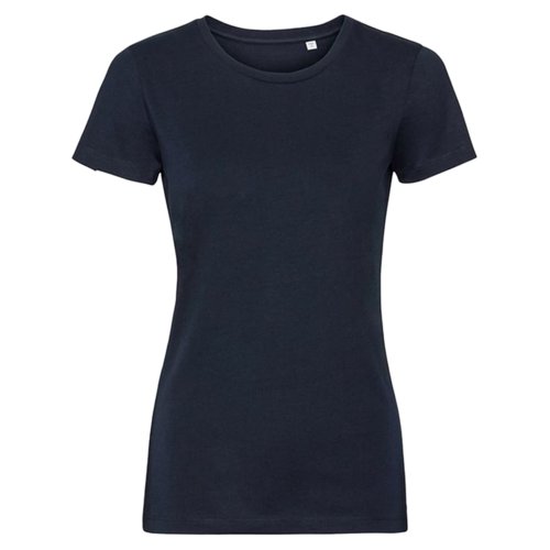 Marinbl bomulls-T-shirt fr damer med korta rmar.
