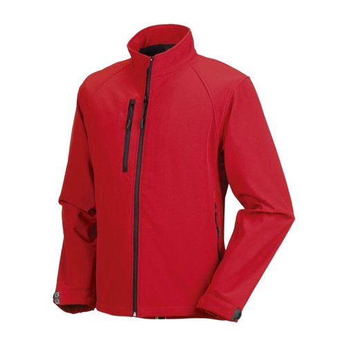 Rd softshelljacka fr mn i polyester och elastan med dragkedjefickor.