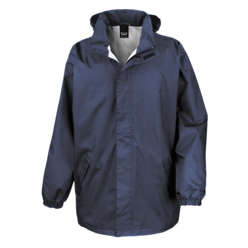 Marinbl regnjacka i polyester fr mn med huva.