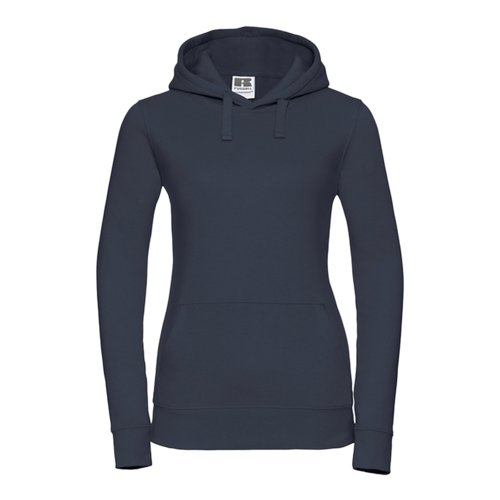Marinbl bomull-polyesterhoodie fr damer med huva och knguruficka.