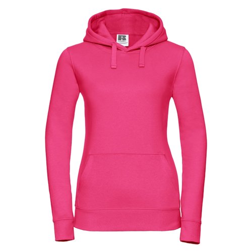 Fuchsia bomull-polyester hoodie med huva och knguruficka.