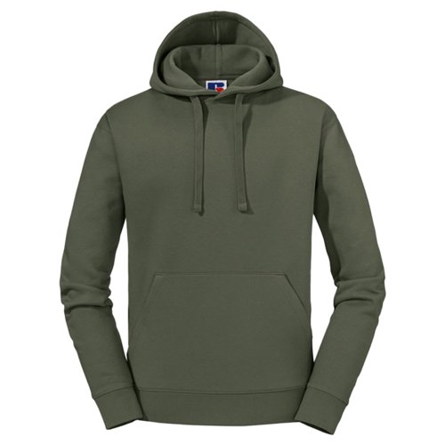 Olivgrn bomulls-polyesterhoodie med dragsko och knguruficka.