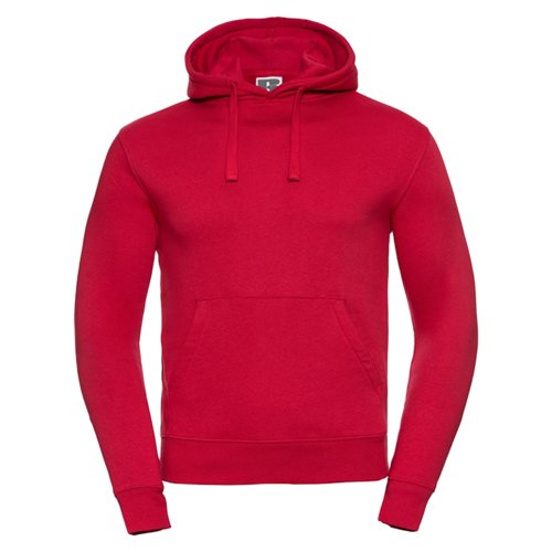 Rd bomulls-polyester hoodie fr mn med dragsko och knguruficka.