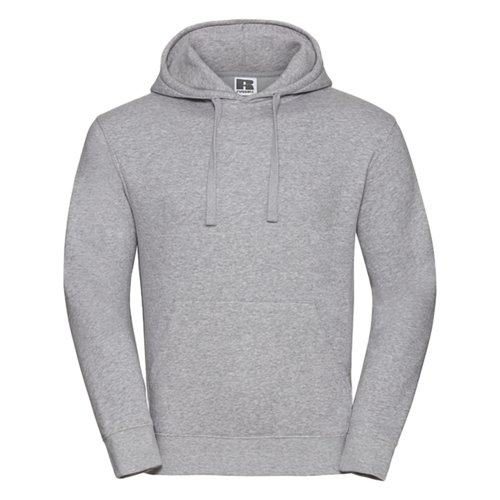 Gr bomull-polyester hoodie med huva och knguruficka.