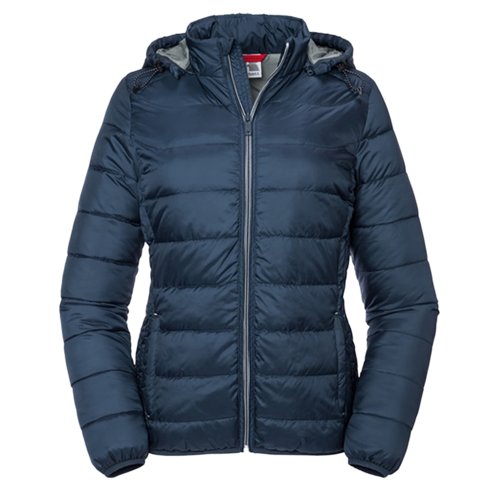 Marinbl quiltad damjacka i polyester med huva.