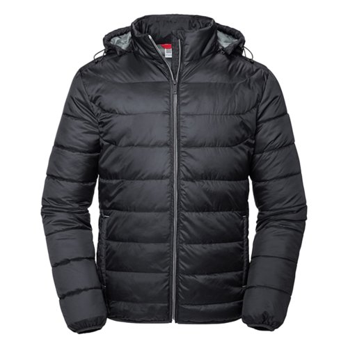 Svart vadderad jacka i polyester med huva.
