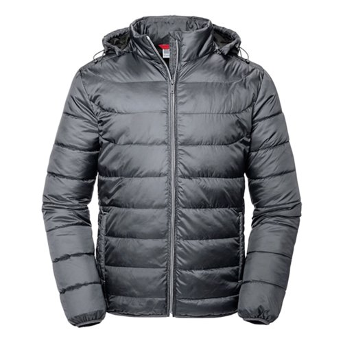 Gr quiltad jacka i polyester med huva fr mn.