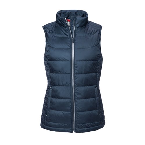 Marinbl quiltad vst i polyester fr damer med dragkedja.