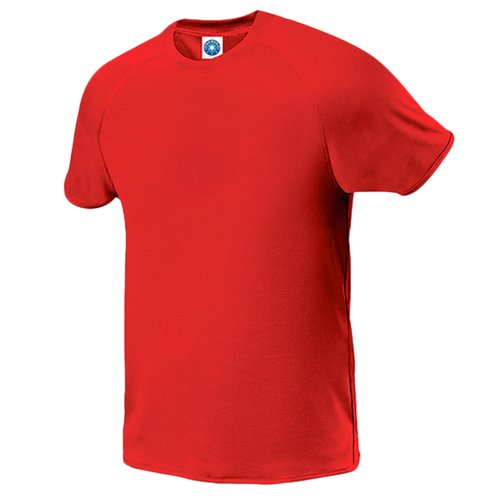 Rd polyester T-shirt med korta rmar.