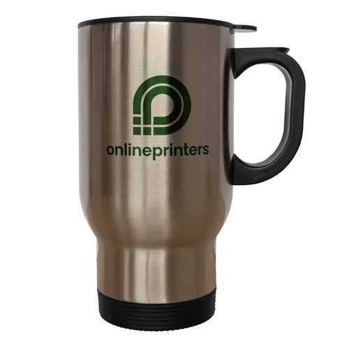 Isolerad metallmugg med lock och handtag.