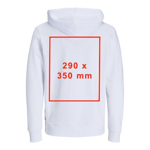 Vit tyghoodie med huva och dragsko, unisex-modell.