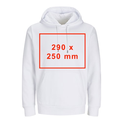 Vit unisex-hoodie i tyg med huva och känguruficka.