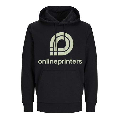 Svart bomullsblandad hoodie, unisex-passform, med huva och knguruficka.