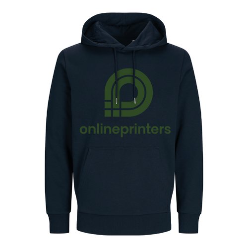 Marinbl unisex-hoodie i bomullsblandning med dragsko och knguruficka.