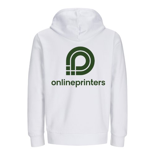 Vit sweatshirtjacka i ekologisk bomull och tervunnen polyester med huva.