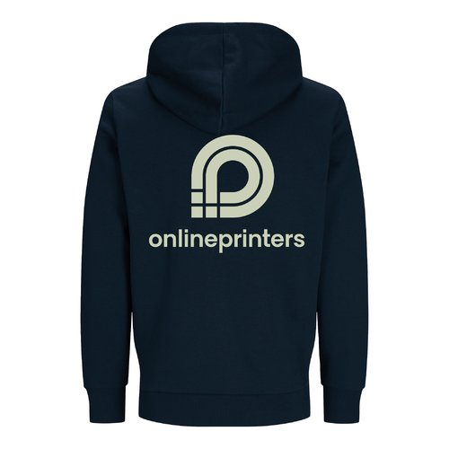 Marinbl unisex sweatshirtjacka i ekologisk bomull och tervunnen polyester med huva.