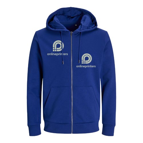 M�rkbl� sweatjacka i bomullsblandning, unisex-passform med huva och full dragkedja.