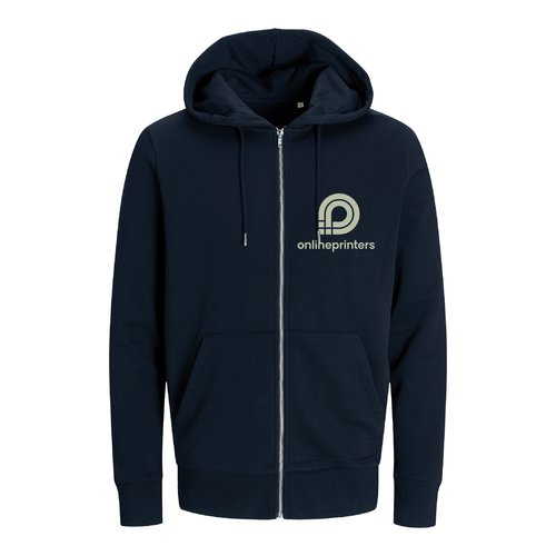 Marinbl huvtrja i ekologisk bomull och tervunnen polyester med full dragkedja.