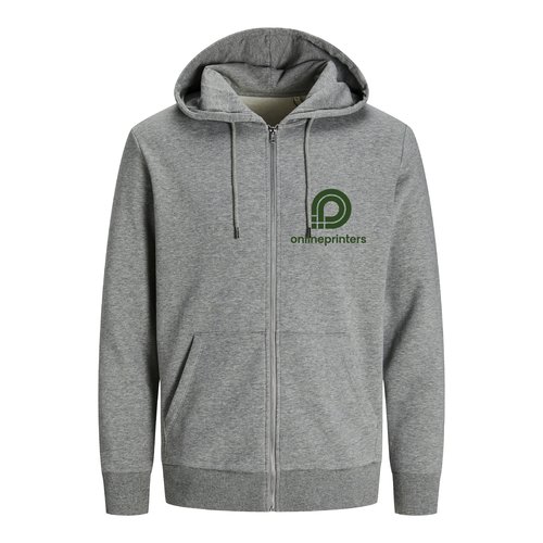 Grmelerad sweatshirtjacka i ekologisk bomull och tervunnen polyester med huva och full dragkedja.