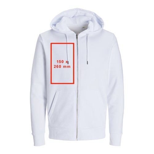 Vit sweatshirtjacka med huva, full dragkedja och kängurufickor.