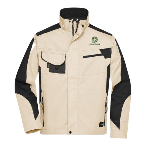 Beige/svart arbetsjacka i polyester och bomull med stkrage och flera fickor.