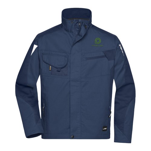 Marinbl arbetsjacka i polyester-bomullsblandning med flera fickor.