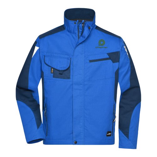 Bl arbetsjacka i polyester-bomull, unisex, med dragkedja och flera fickor.