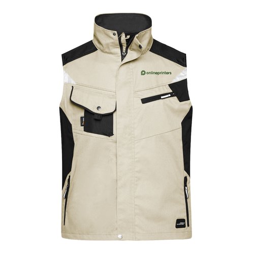 Beige/svart arbetsvst av polyester-bomullsblandning med flera fickor.