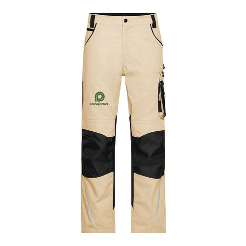 Beige/svarta arbetsbyxor i polyester-bomullsblandning med fickor.