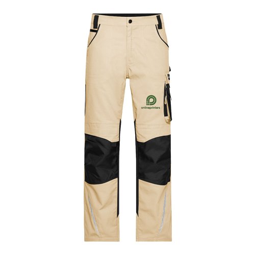 Beige/svarta arbetsbyxor i polyester-bomullsblandning med flera fickor.
