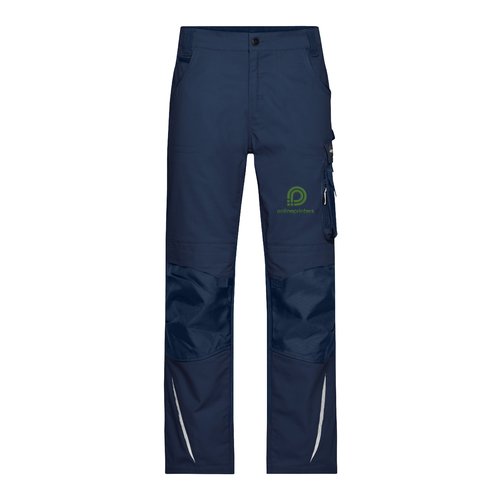 Marinbl� arbetsbyxor i polyester-bomull med flera fickor.
