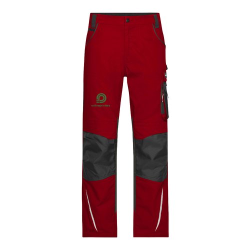 Rda och svarta arbetsbyxor i polyester-bomullsblandning med flera fickor.