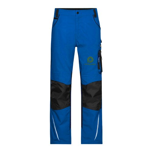 Bl� arbetsbyxor i polyester-bomullsblandning med avslappnad passform och fickor.