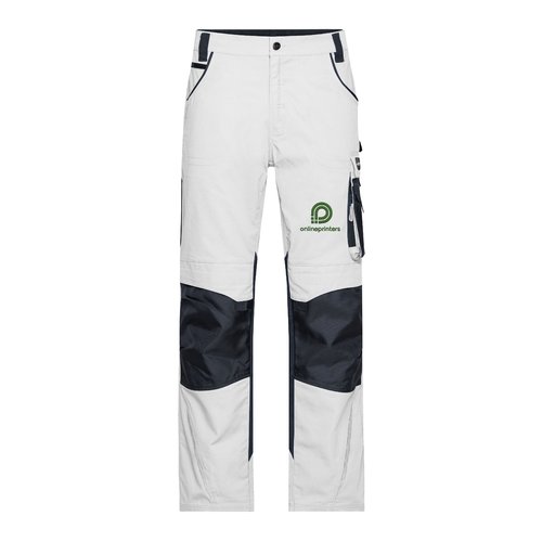 Vita/gr� arbetsbyxor i polyester och bomull med fickor och f�rst�rkta kn�n.