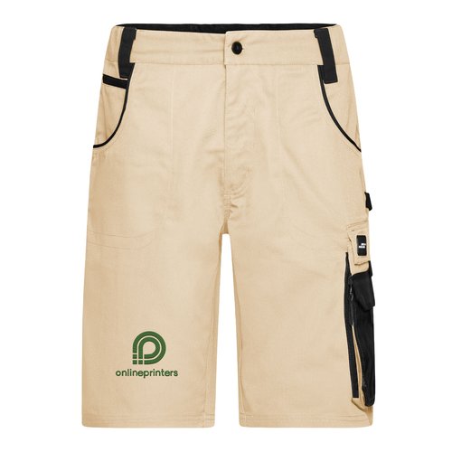 Beige/svarta arbetsshorts i polyester och bomull med flera fickor.