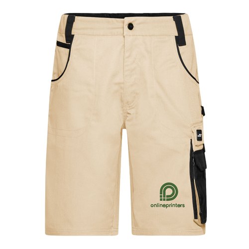 Beige/svarta arbetsshorts i polyester-bomullsblandning med flera fickor.