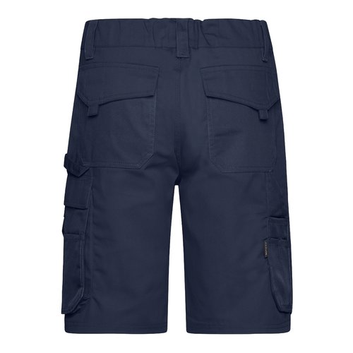 Marinbl arbetsshorts tillverkade av polyester-bomullsblandning med flera fickor.