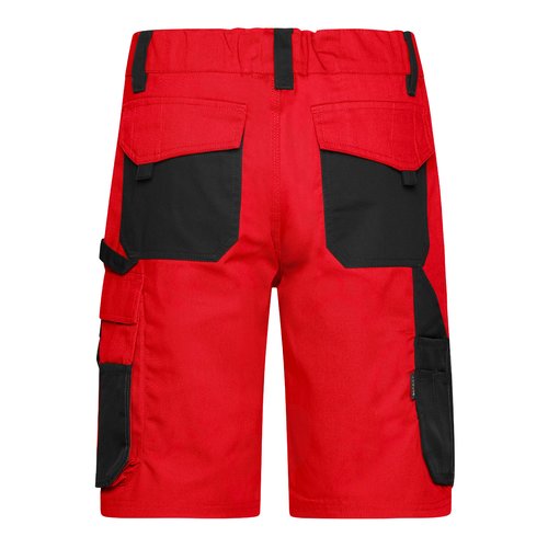 Rda och svarta arbetsshorts av polyester-bomullsblandning med flera fickor.