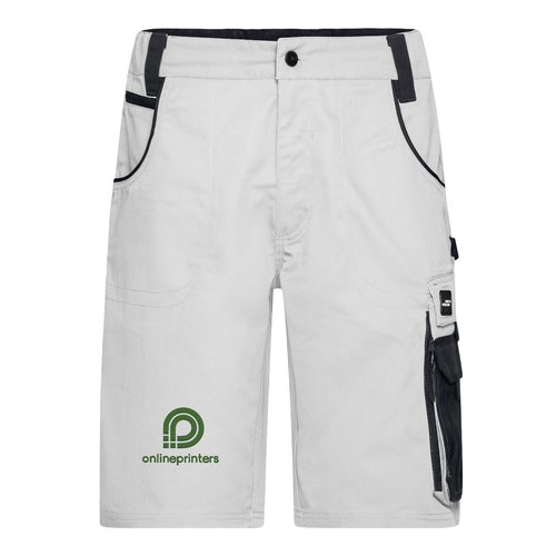 Vit-gr arbetsshorts i polyester-bomullsblandning med flera fickor.