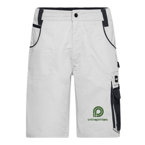 Vit-gr� arbetsshorts i polyester-bomullsblandning med flera fickor.