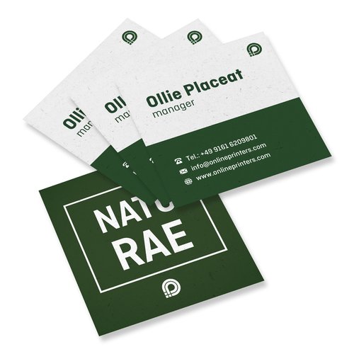 Naturfrgade visitkort av miljvnligt papper, tryckta p bda sidor.