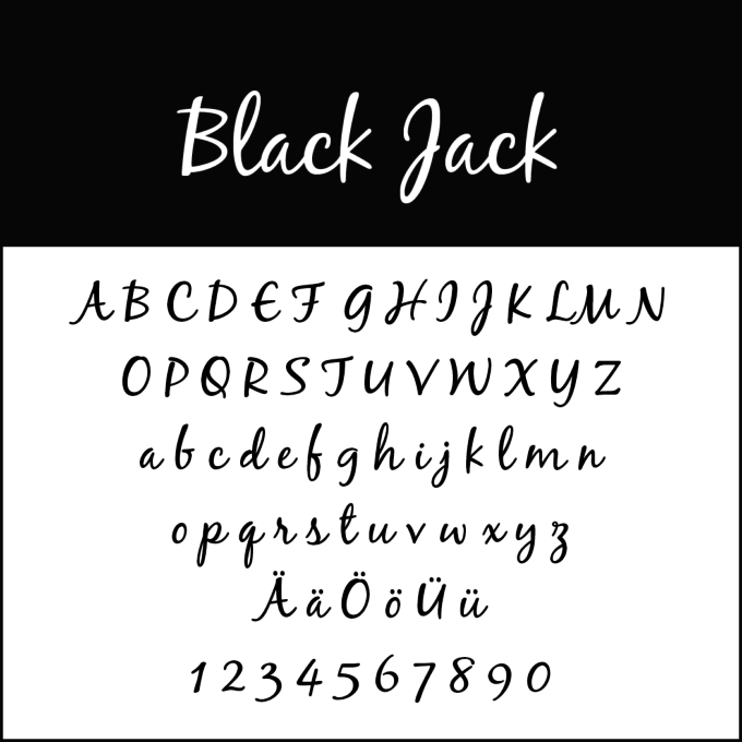 Typsnittsexempel med titeln Black Jack som visar versaler, gemener, tyska omlautade tecken (Ä, Ö, Ü, ä, ö, ü) och siffrorna 0-9 i en kursiv, handskriven stil på en vit bakgrund.