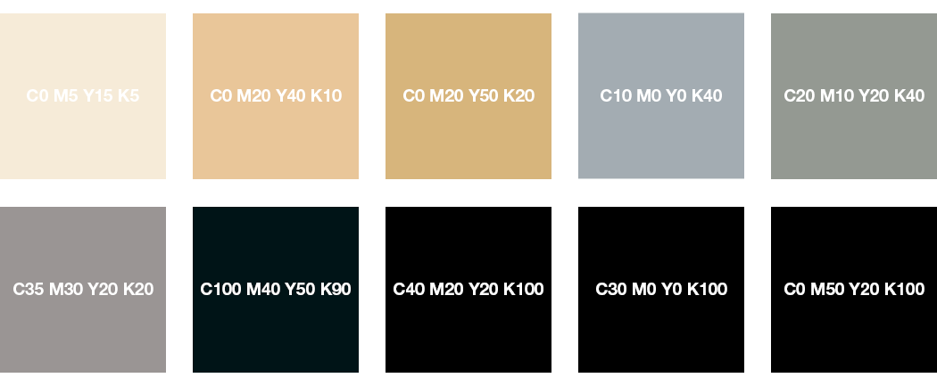 CMYK colours: cream, beige, grey, black and rich black