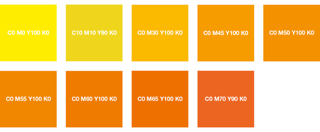 CMYK colours: vivid yellow, lemon yellow, orange and rich orange