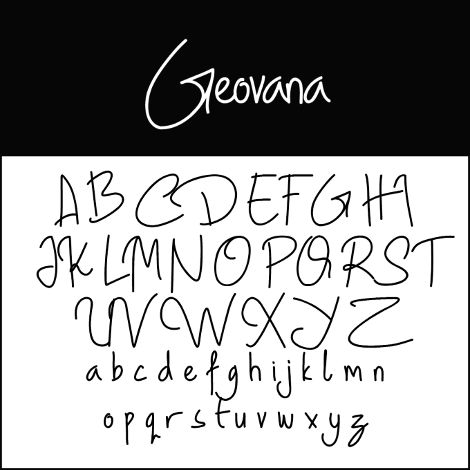 Ett handskrivet teckensnittsexempel med namnet "Geovana" visas. Engelska alfabet med stora och små bokstäver visas i en avslappnad, konstnärlig skriftstil på en vit bakgrund.