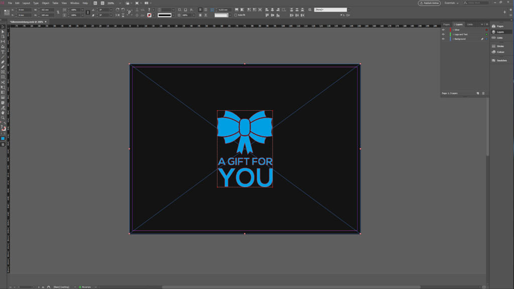 Skärmdump av Adobe InDesign som visar en centrerad blå grafik av en rosett ovanför orden EN GÅVA TILL DIG på en svart bakgrund, med designguider och verktygsfält synliga.