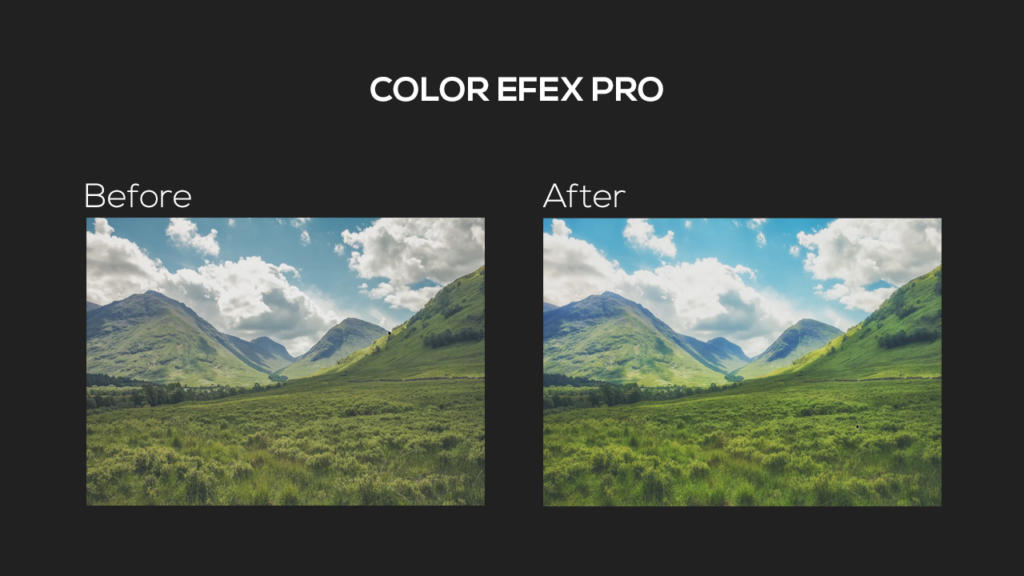 En landskapsbildsjämförelse visar en dalgång med gröna kullar och berg under en molnig himmel. Före-bilden är mattare, medan After-bilden ser mer levande och färgstark ut. Texten läser Color Efex Pro.