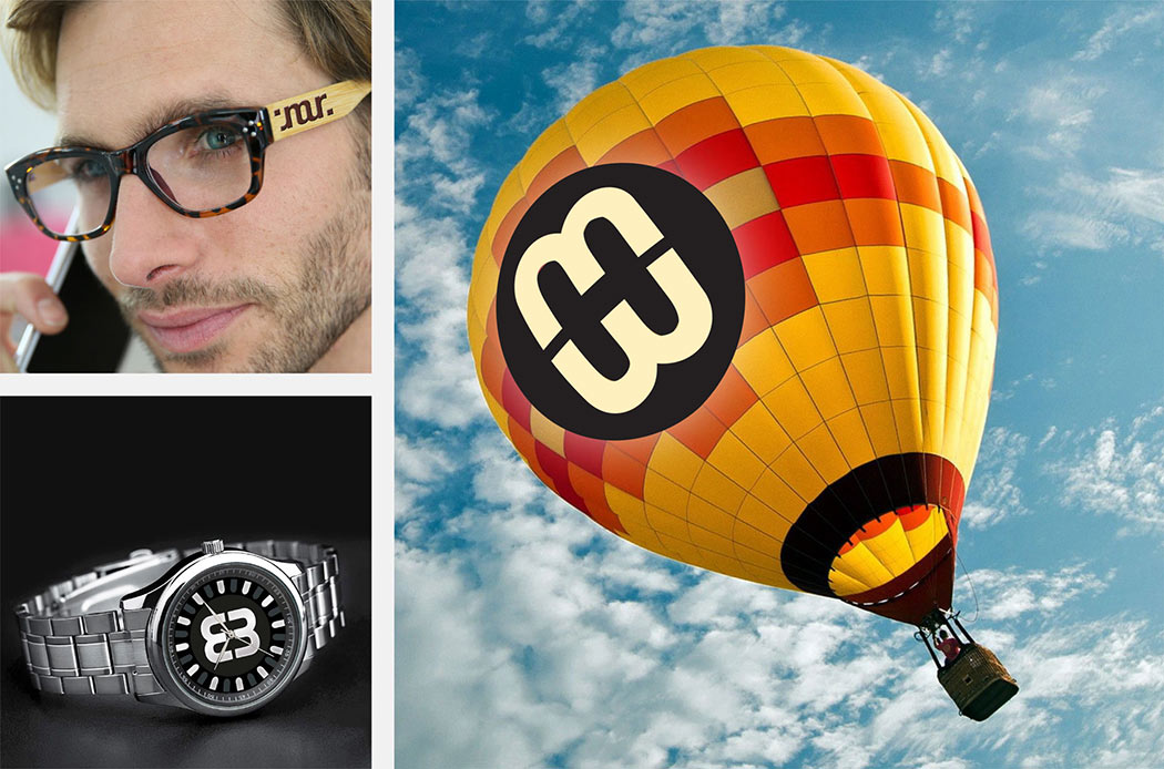 Ambigrams on glasses, the face of a watch, eye-catching hot air balloon design by Roland Scheil, graphic designer